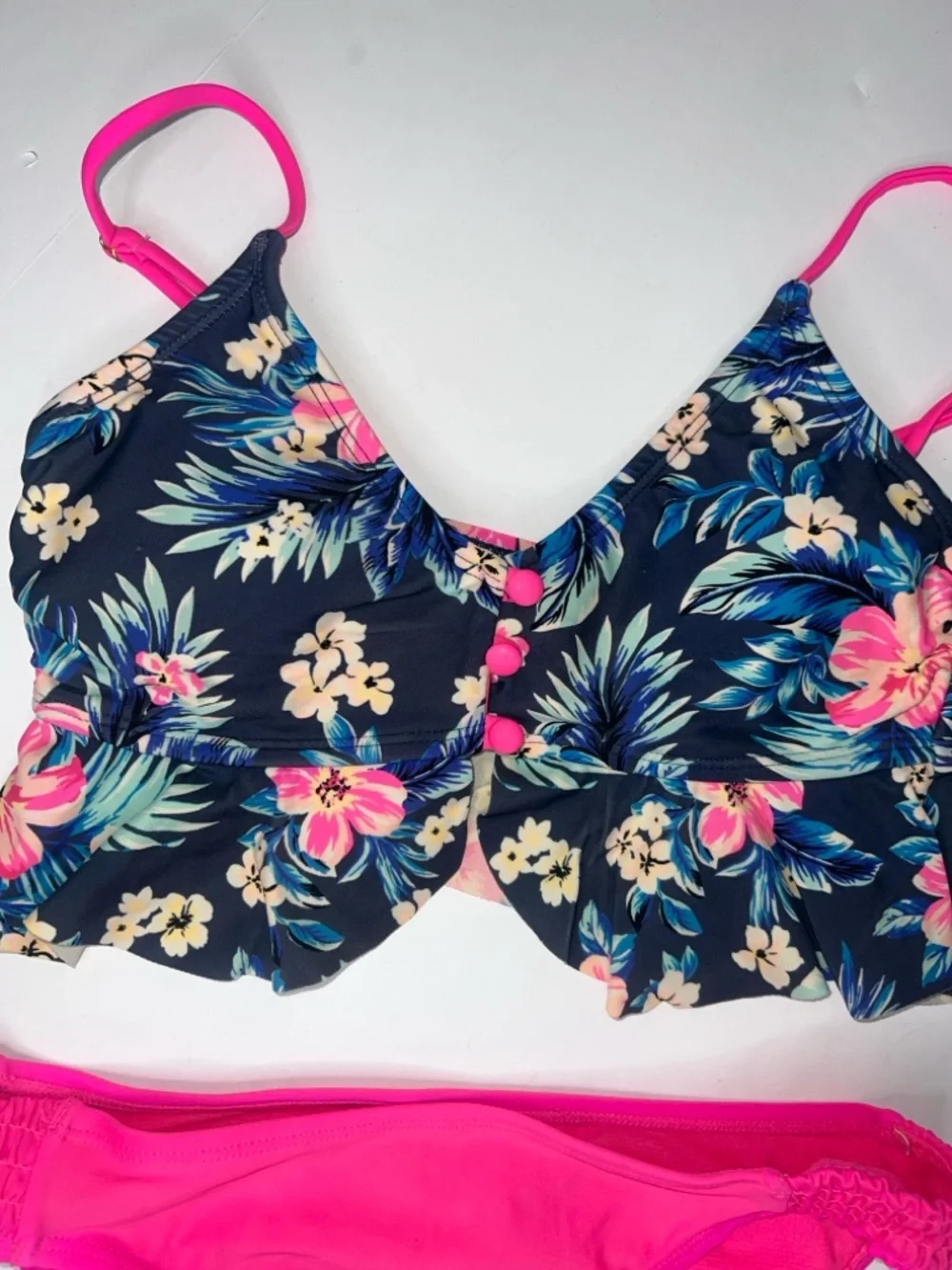 Arizona Jean Navy Floral Top with Hot Pink Bottoms Girls Swim Set size small